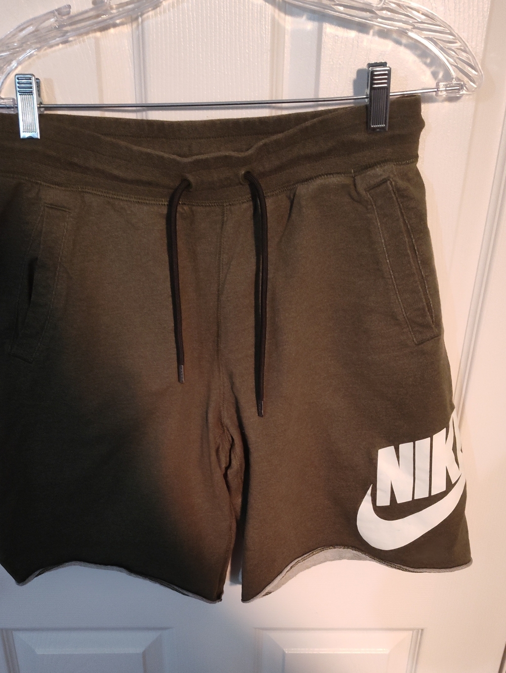 Nike Men's Olive Drawstring Athletic Shorts with White Logo